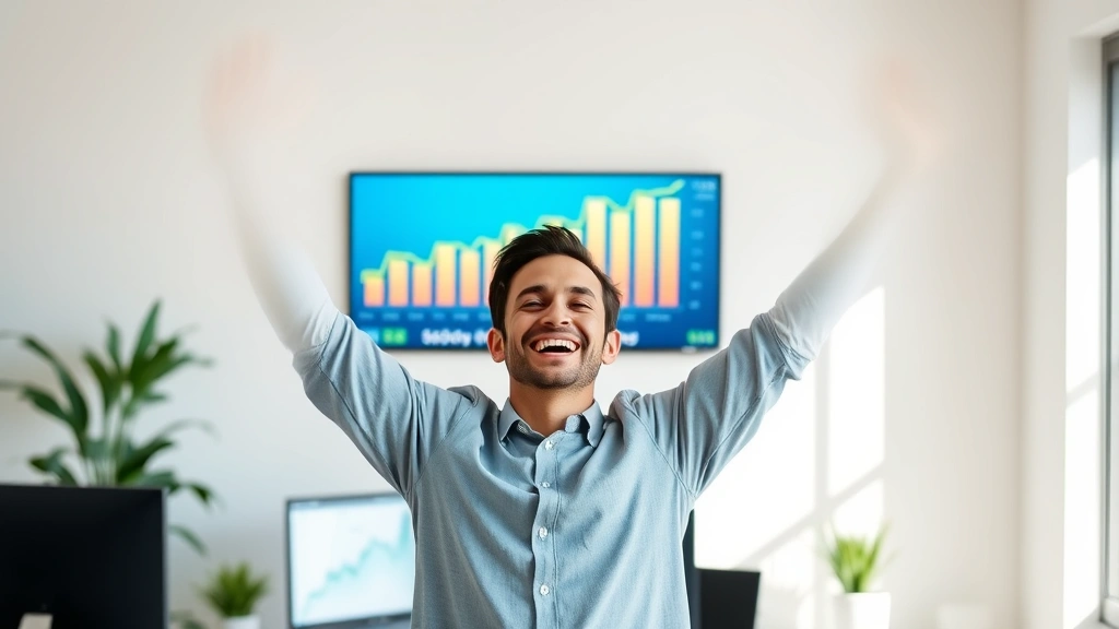 Person celebrating with arms raised in front of a computer showing upward trending financial charts and savings milestones, bright office space, genuine happiness and achievement