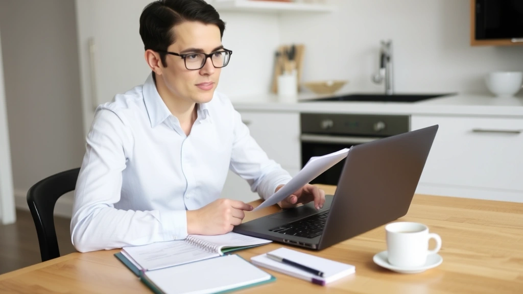 Person sitting at kitchen table with laptop, notebook, and coffee, looking focused while working on personal budget and savings plan
