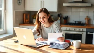 Young woman sitting at a kitchen table with a laptop and notebook, reviewing bank statements and budgeting, natural morning light streaming through window, relaxed but focused expression, coffee cup nearby