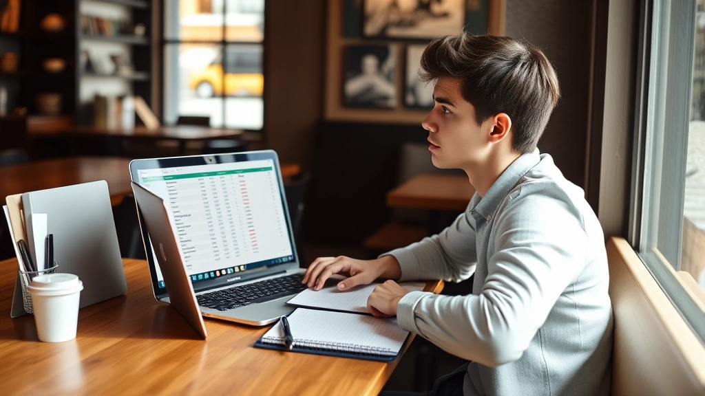 Young professional sitting at a coffee shop table with a laptop, notebook, and pen, looking thoughtful while reviewing budget spreadsheet on screen, natural daylight from window, warm casual setting