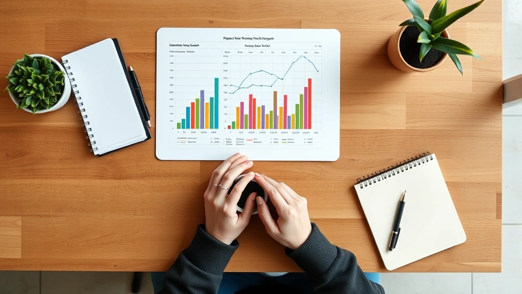 Overhead shot of person reviewing colorful budget spreadsheet with coffee cup and notebook on wooden desk, natural daylight, peaceful expression, modern workspace