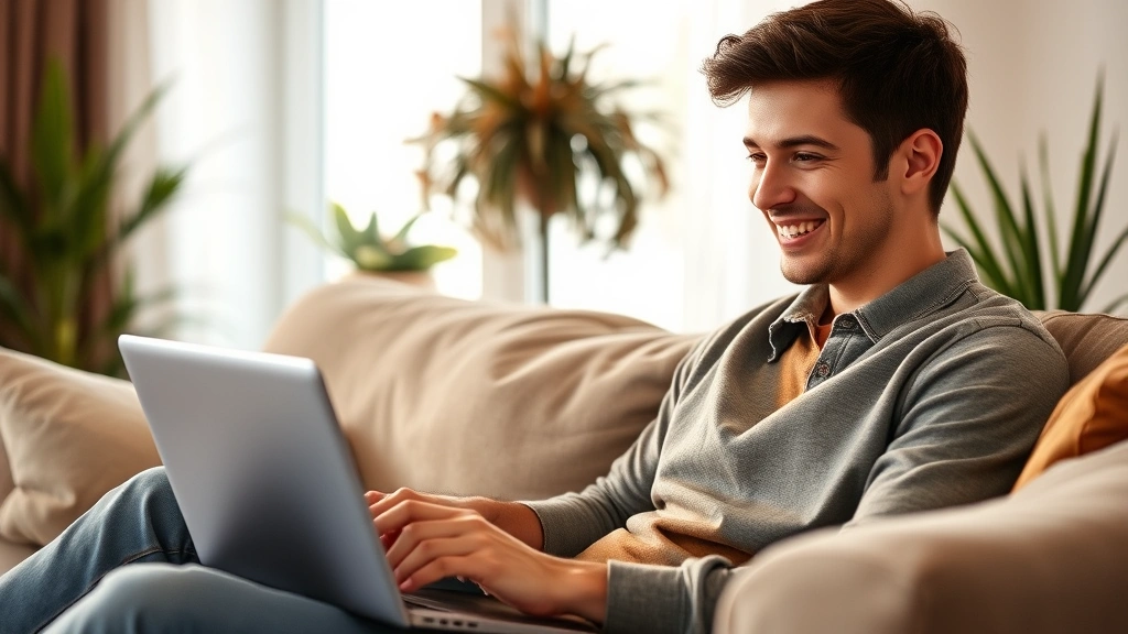 Young adult sitting on couch with laptop, checking bank account with satisfied smile, warm home lighting, casual comfortable clothing, plants in background