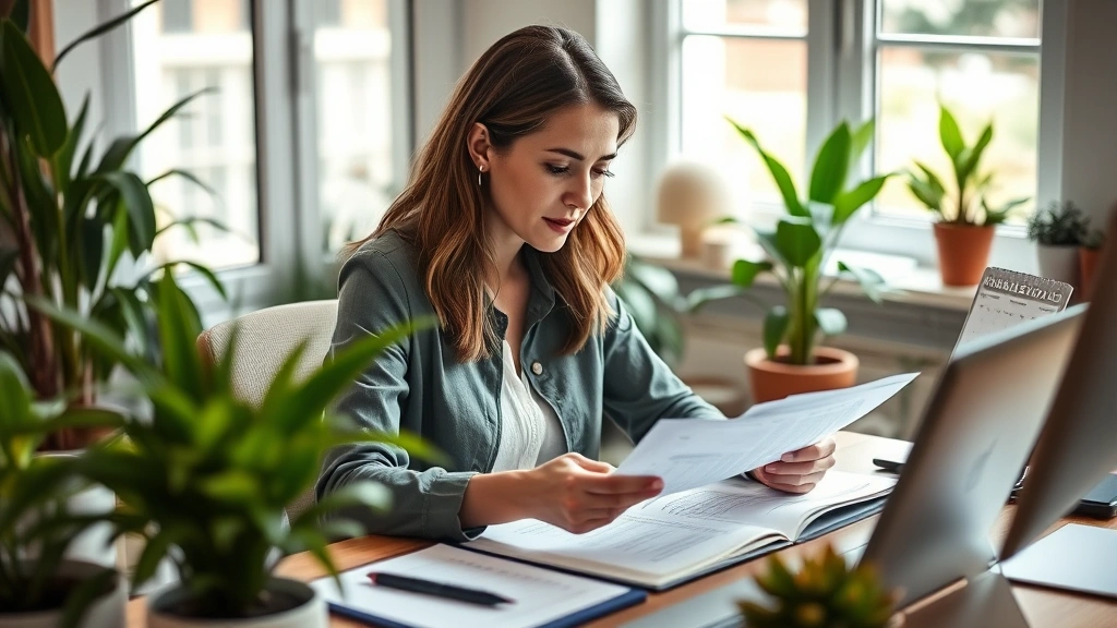 Mid-career woman reviewing financial documents and planning at home office desk, surrounded by plants, with a calm focused expression, natural lighting, organized workspace with calendar and notepad visible