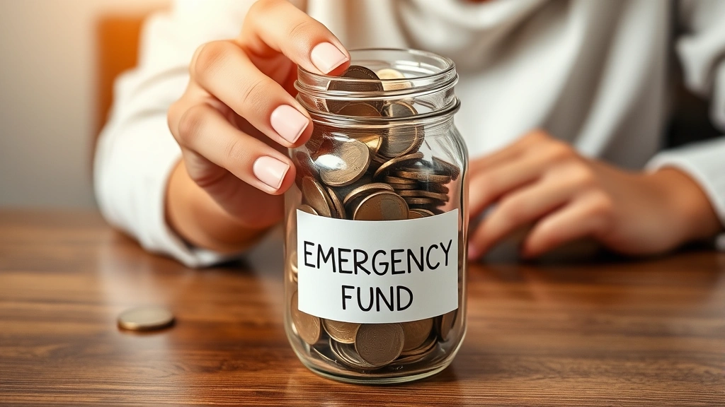 Person putting coins into glass jar labeled 'Emergency Fund', close-up detail shot, natural hands and genuine moment, soft warm lighting, wooden table surface