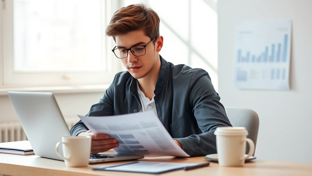 Photorealistic image of a young professional reviewing their budget on a laptop with a coffee cup nearby, sitting at a clean desk with natural light streaming in, looking focused and determined
