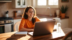 A person sitting at a kitchen table with a laptop and notebook, looking relieved and confident, surrounded by morning sunlight. They're smiling while reviewing their savings account. Warm, hopeful, real.