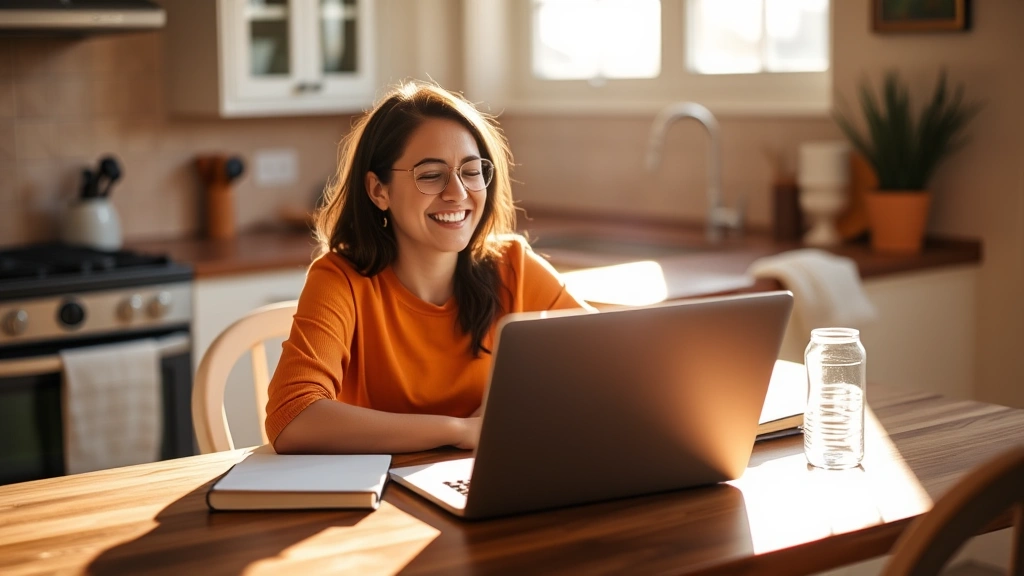 A person sitting at a kitchen table with a laptop and notebook, looking relieved and confident, surrounded by morning sunlight. They're smiling while reviewing their savings account. Warm, hopeful, real.