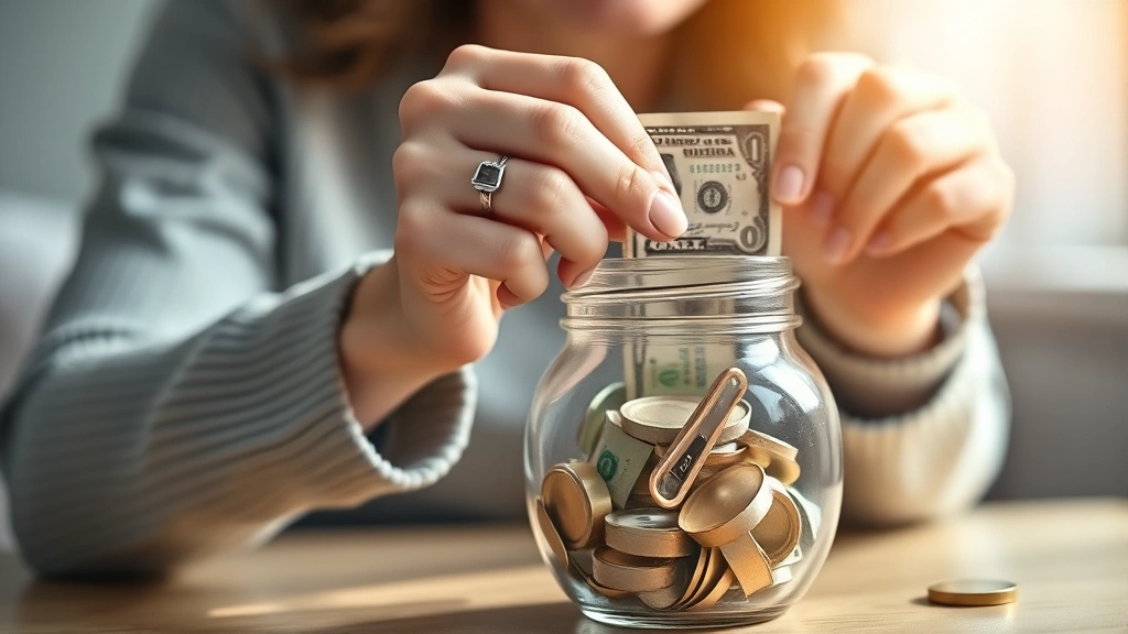 A woman putting money into a piggy bank or savings jar, close-up shot of hands and the jar, soft natural lighting. Shows the physical act of saving with a sense of accomplishment and progress.