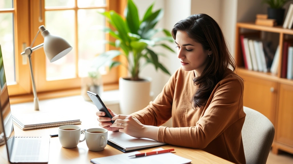 A person sitting at a desk with a notebook and coffee, looking at their phone with a focused, determined expression while reviewing their budget and financial goals, natural lighting from a window, warm and inviting home office setting