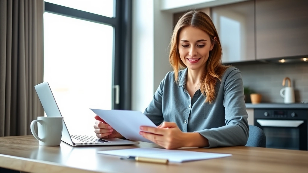 Professional woman reviewing budget on laptop at kitchen table with coffee mug, relaxed focused expression, natural daylight, modern apartment setting