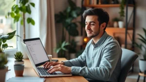 A young professional sitting at a home desk with a laptop, looking relieved and confident while reviewing savings account on screen, cozy home office with plants and warm lighting, peaceful expression, natural daylight from window