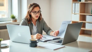 Young professional sitting at a clean desk with a laptop and notebook, reviewing financial documents with a focused but calm expression, warm natural lighting, organized workspace with a coffee cup