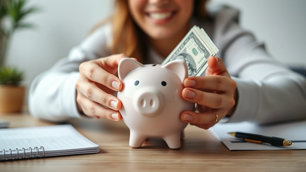 Close-up of hands holding cash and a piggy bank, person smiling with sense of accomplishment, modern minimalist desk setup with notebook and pen nearby, soft natural lighting emphasizing security and savings