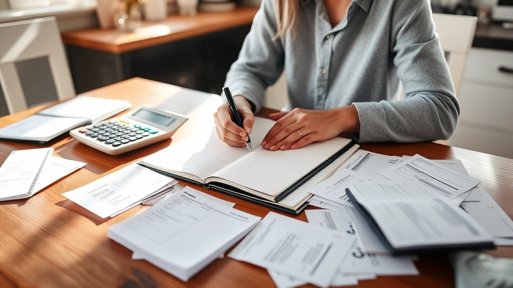 Person writing in a budget journal at a kitchen table with a calculator nearby, surrounded by receipts being organized into categories, morning sunlight streaming through window, peaceful atmosphere