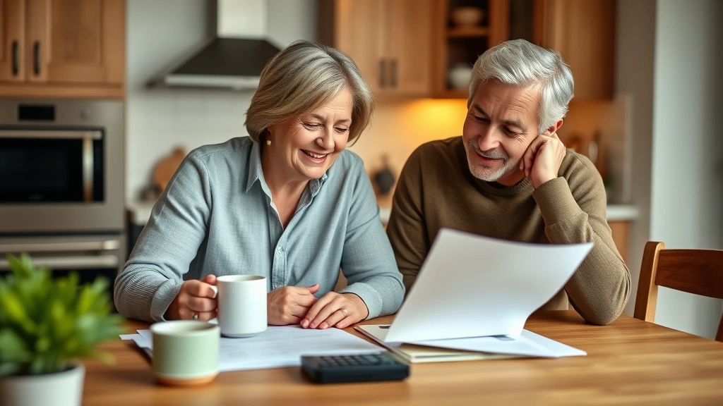 A couple reviewing finances together at kitchen table with coffee cups, looking happy and relieved, paperwork and calculator visible but not readable, warm home setting, genuine moment of financial peace and partnership