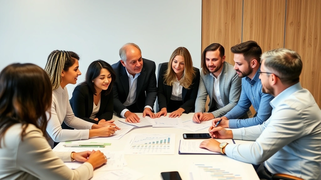 Diverse group of people in a financial planning workshop, discussing around a table with charts and planning documents, collaborative and empowering environment, professional but approachable setting