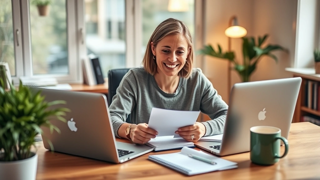 Person sitting at a home desk with a laptop and notebook, looking relaxed while reviewing their monthly budget with a coffee cup nearby, warm lighting, natural home office setting