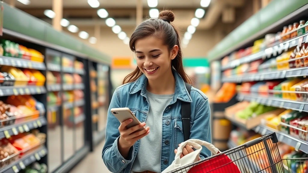 Young adult checking their phone for bank notifications while grocery shopping, smiling with confidence, natural store lighting, realistic grocery store background