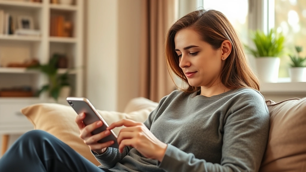 Someone tracking expenses using a budgeting app on their phone while sitting in a comfortable home environment, warm natural light, focused expression