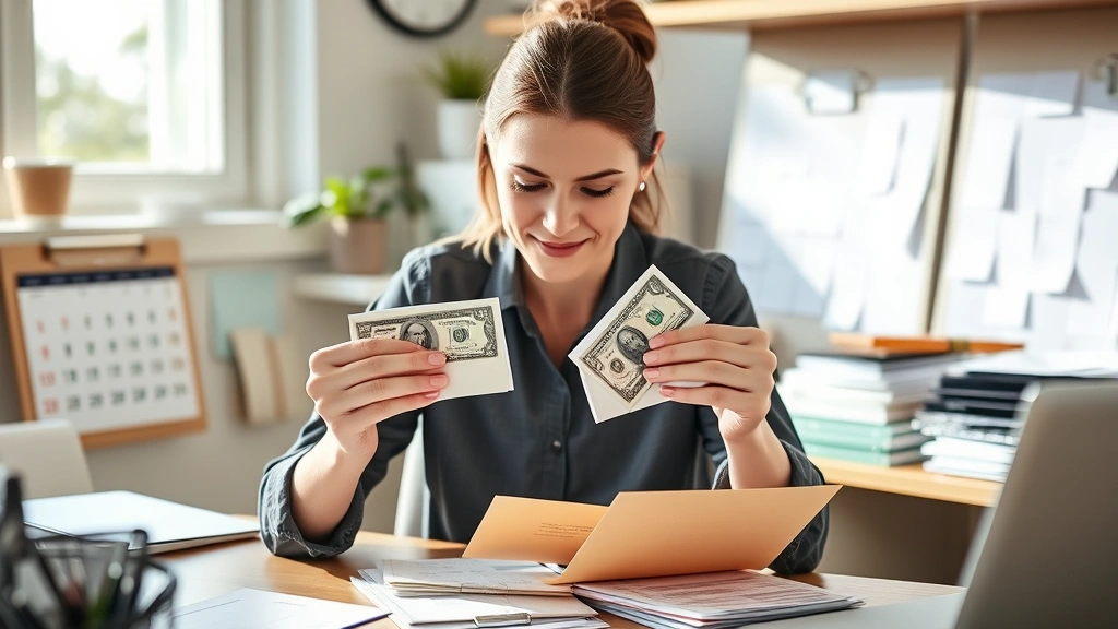 Person putting cash into labeled envelopes for different budget categories, organized desk with calendar and financial planning materials, focused expression, natural daylight