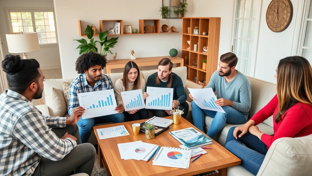A diverse group of people at a coffee table looking at financial charts and discussing money management strategies, relaxed home setting, collaborative atmosphere