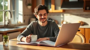 Person sitting at a kitchen table with coffee and notebook, reviewing financial documents and planning budget, warm natural lighting, peaceful expression