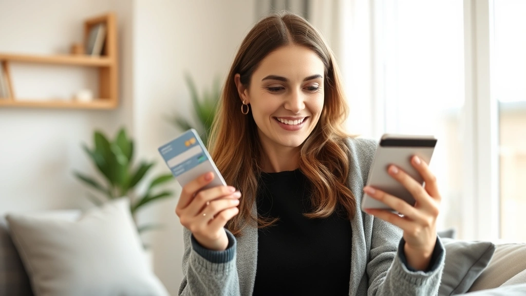 Woman checking phone while holding credit card, looking relieved and confident, modern apartment setting, natural daylight