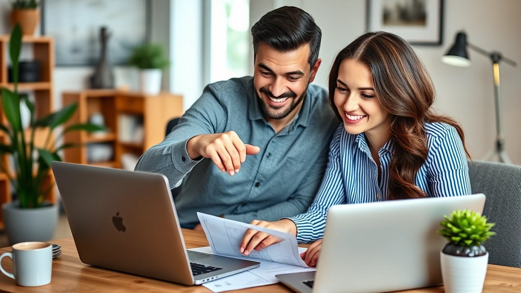 Couple reviewing financial goals together at home office, smiling and pointing at laptop screen, collaborative energy, professional but comfortable setting