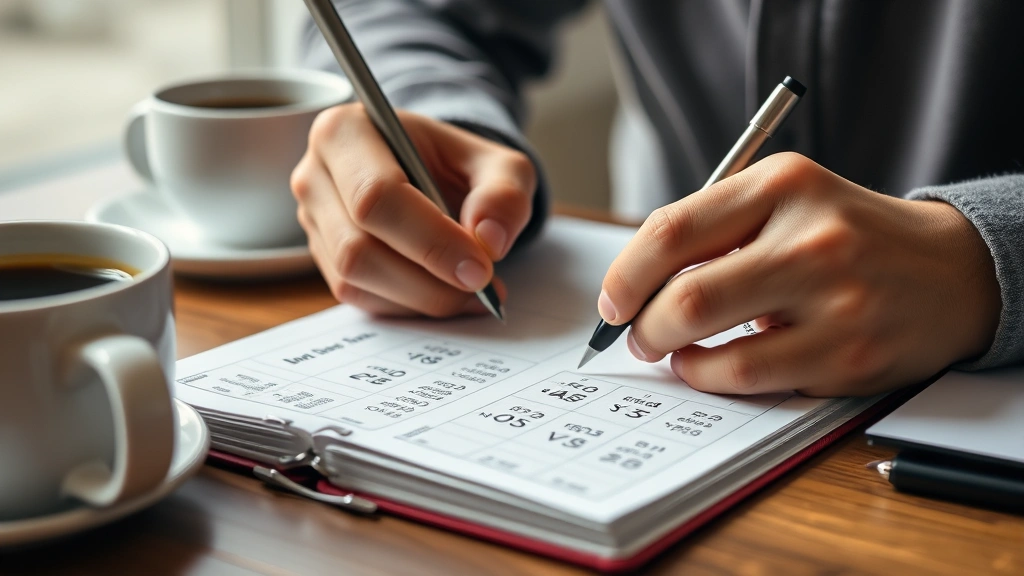 Close-up of hands writing budget numbers in a notebook with coffee cup nearby, natural lighting, focused and determined expression, realistic financial planning scene