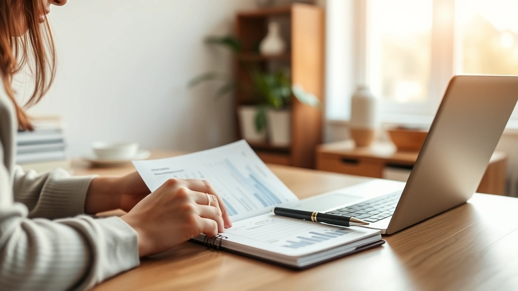 Person reviewing budget on laptop with notebook and pen on desk, warm home office setting, morning light through window, calm and organized workspace atmosphere