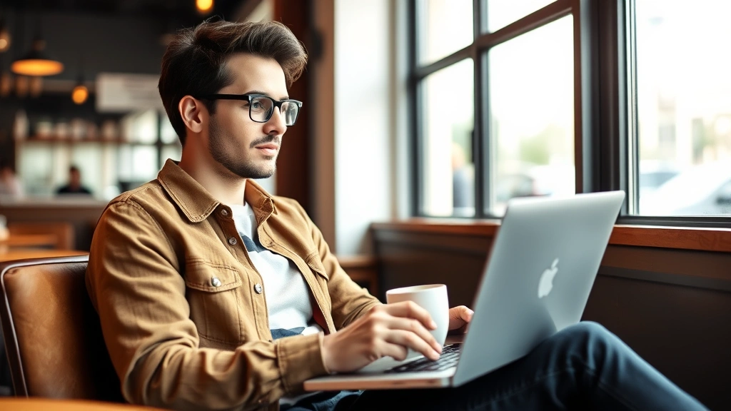 Person sitting at coffee shop with laptop and cup of tea, planning financial goals, natural window lighting, thoughtful expression, modern casual environment