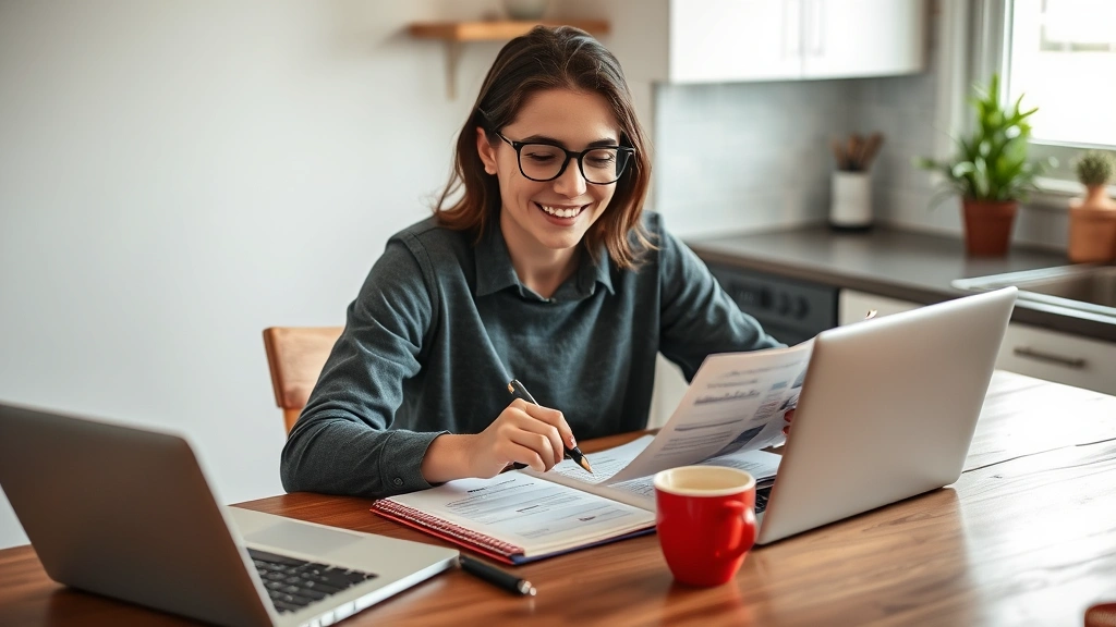 Young professional sitting at a kitchen table with a laptop, notebook, and coffee, reviewing budget spreadsheet with a focused but hopeful expression