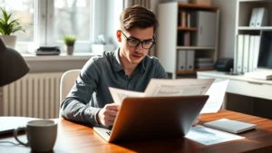 Young professional reviewing bank statements and budget spreadsheet on laptop at home desk, natural daylight, focused expression, coffee cup nearby, calm workspace