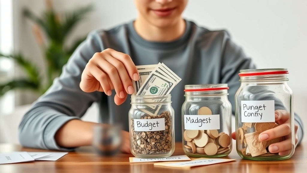 Young adult putting cash into different labeled envelopes or jars representing budget categories, hands-on money management, bright and organized setting