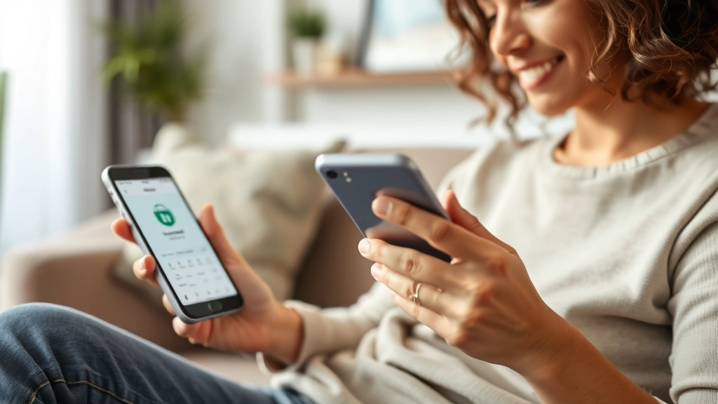 Person checking their phone for banking app notification, sitting in a comfortable living room, showing the moment of financial progress and relief