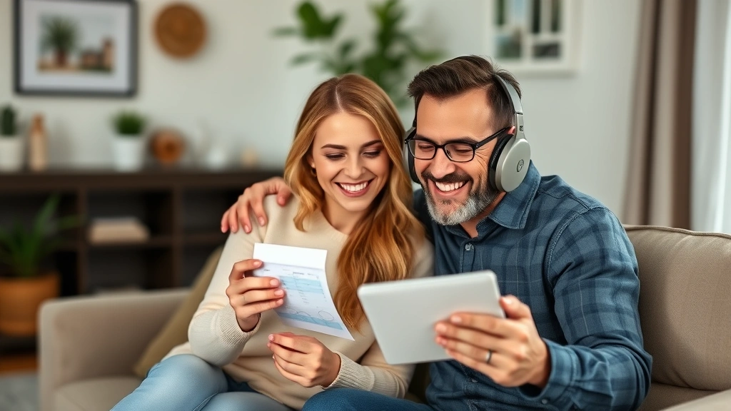 Happy couple checking savings account balance on phone with genuine smile, cozy home setting, celebrating financial milestone, relaxed body language, genuine joy