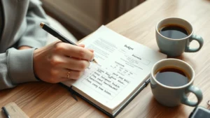Close-up of hands writing budget notes in a notebook at a clean desk with a cup of coffee, warm natural lighting, focused but relaxed expression