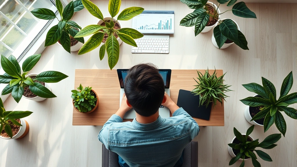 Overhead view of person sitting at laptop reviewing financial dashboard, surrounded by plants and natural light, peaceful productive atmosphere