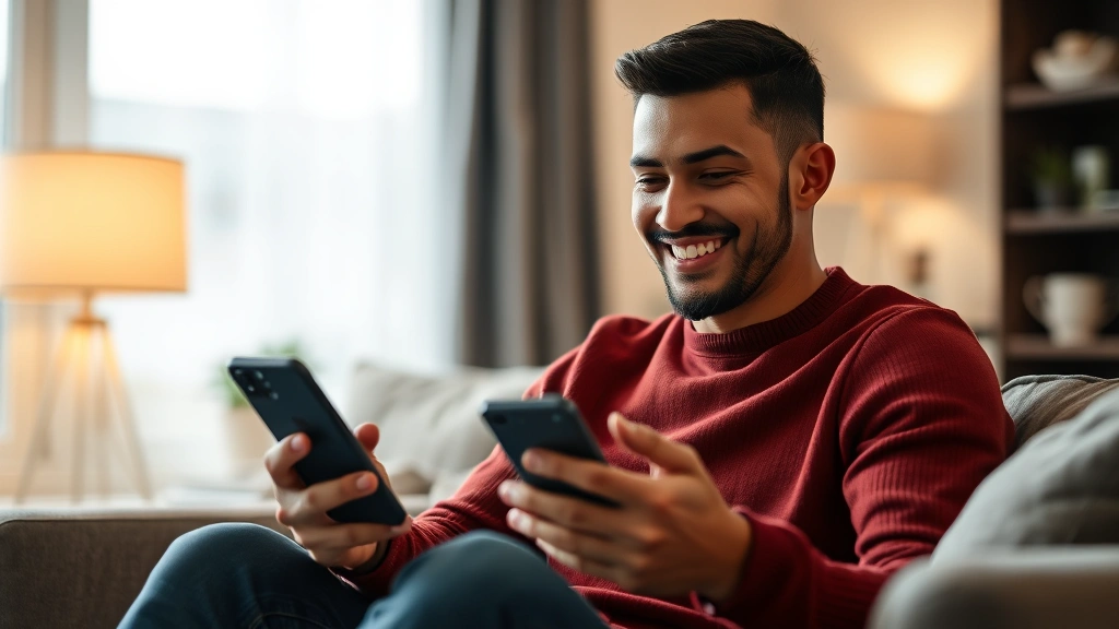 Young adult checking phone with genuine smile, sitting in comfortable home setting, warm lighting suggesting financial relief and security