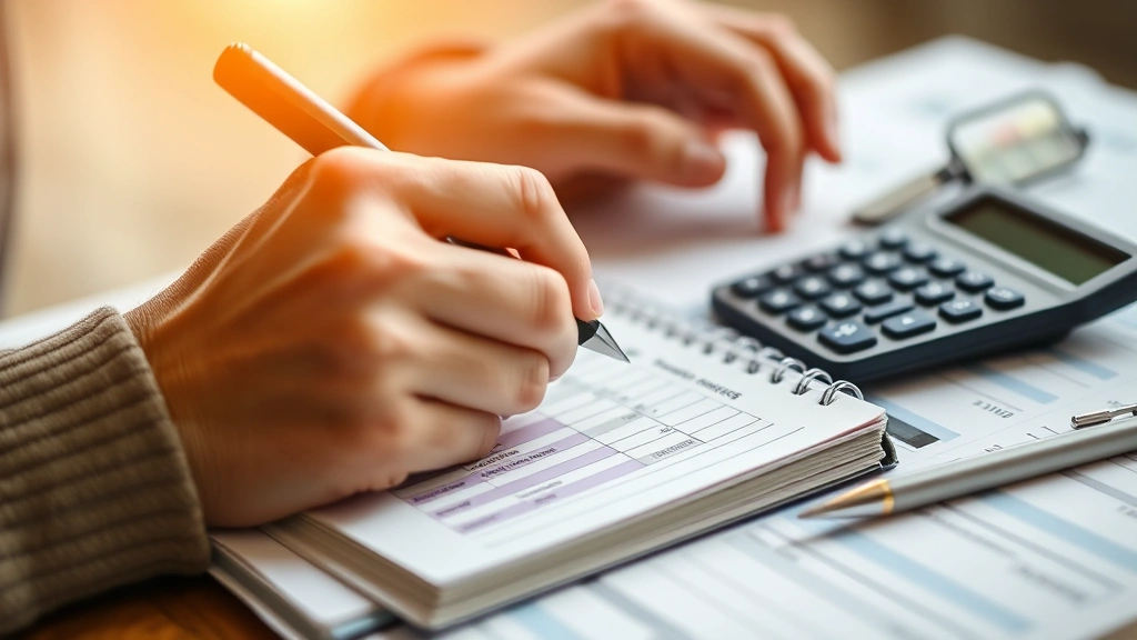 Close-up of hands writing in a financial planner or notebook with a calculator and pen nearby, showing someone actively working through their finances—warm, focused, productive atmosphere