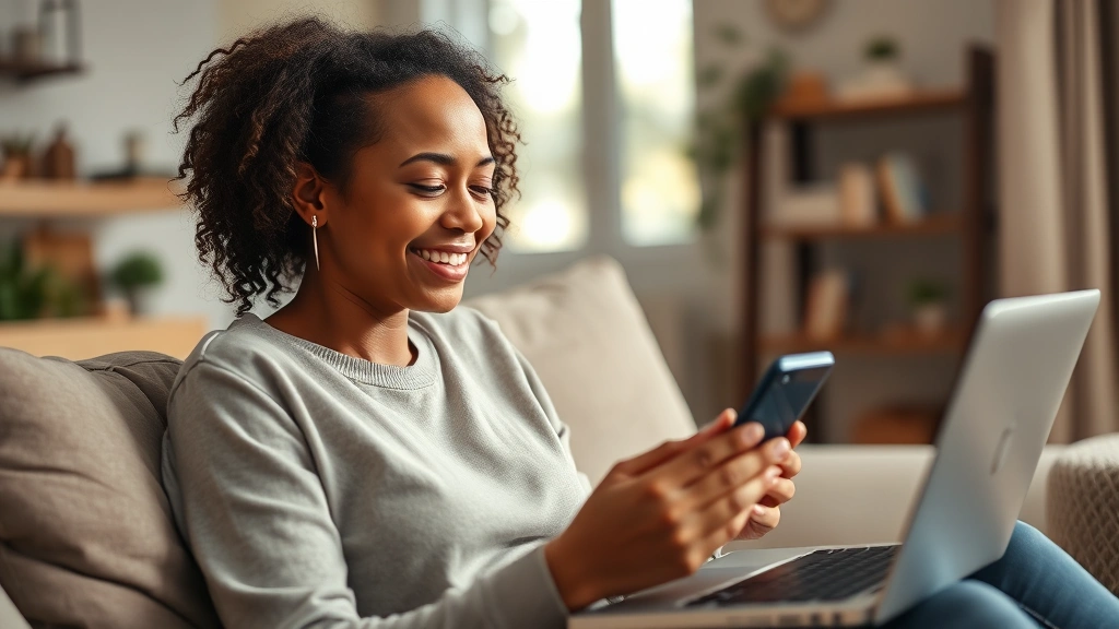 A person looking at their bank account on a phone or laptop with a subtle smile of relief and progress, sitting in a comfortable home environment—hopeful, peaceful, moment of breakthrough
