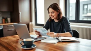 Person sitting at kitchen table with laptop and notebook, reviewing budget spreadsheet with coffee cup nearby, natural window light, relaxed but focused expression, modern apartment setting