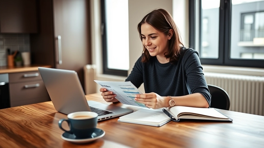 Person sitting at kitchen table with laptop and notebook, reviewing budget spreadsheet with coffee cup nearby, natural window light, relaxed but focused expression, modern apartment setting