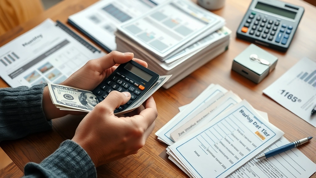 Close-up of hands holding cash and calculator, monthly bills organized in neat stacks on wooden table, warm lighting, organized financial planning scene, no visible numbers or text on documents