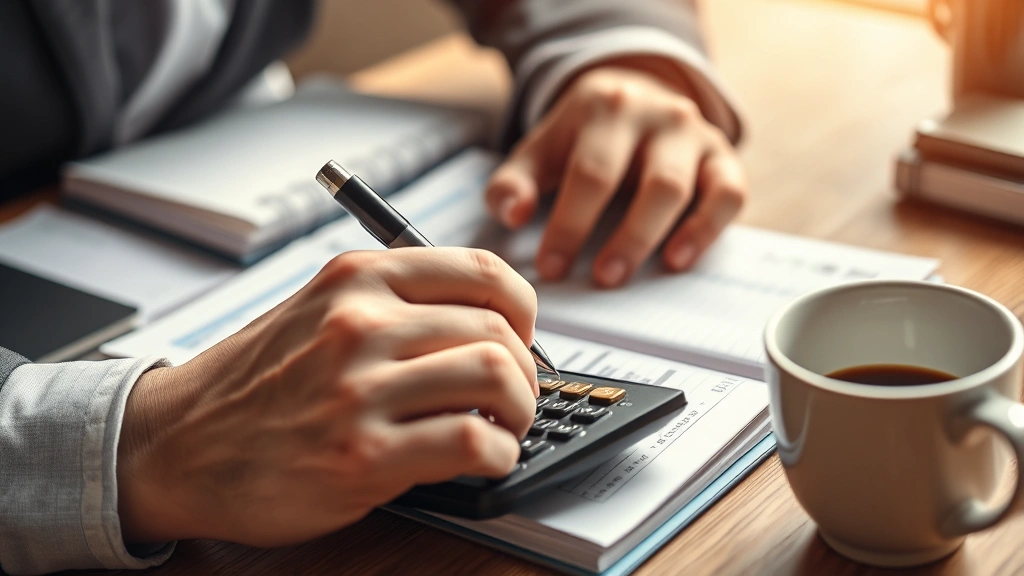 Close-up of hands writing in a budget notebook with calculator and coffee cup on desk, warm natural light, focused expression