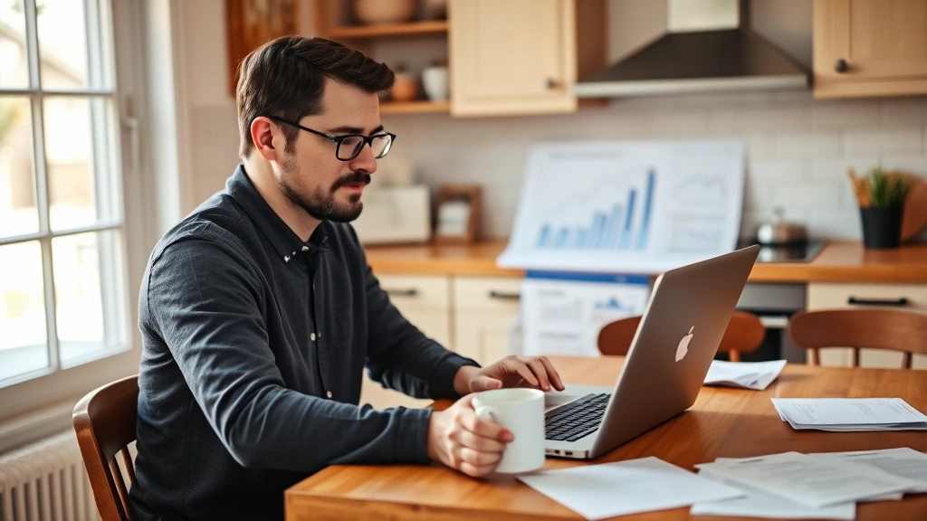 A person sitting at a kitchen table with a laptop and coffee, reviewing their financial dashboard with a calm, determined expression. Warm natural lighting, cozy home office setup, papers and notes nearby but organized. Shows financial clarity and peace of mind.