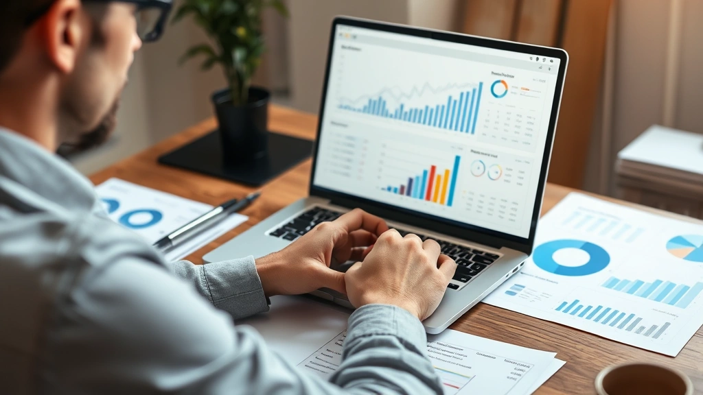 Person reviewing financial dashboard on laptop screen, papers with charts spread across desk, concentrated but determined look