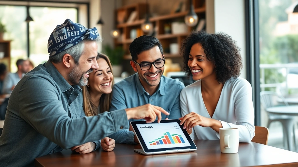 A diverse group of three people having a casual conversation at a coffee shop, one pointing at a tablet showing a savings progress chart, others smiling and engaged. Natural lighting, relaxed atmosphere, diverse ages and backgrounds, representing community and shared financial goals.