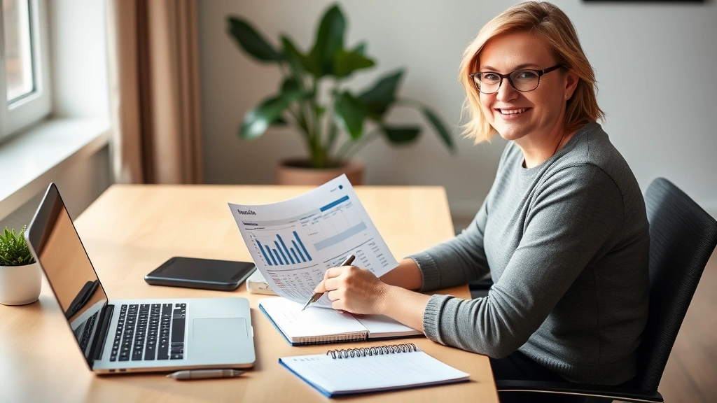 Person sitting at a desk with a laptop and notebook, reviewing monthly bank statements and spending data with a satisfied expression, natural daylight from window, modern home office