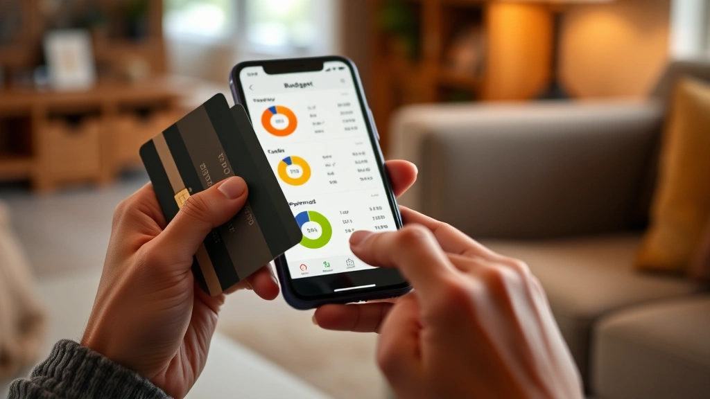 Close-up of hands holding a credit card while looking at a smartphone showing budget app with pie charts and spending categories, warm lighting, casual home setting
